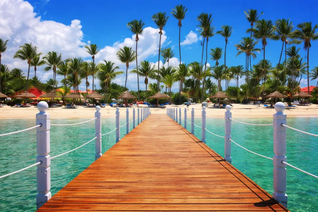 Playa tropical paradisíaca con palmeras - Paquetes al Caribe